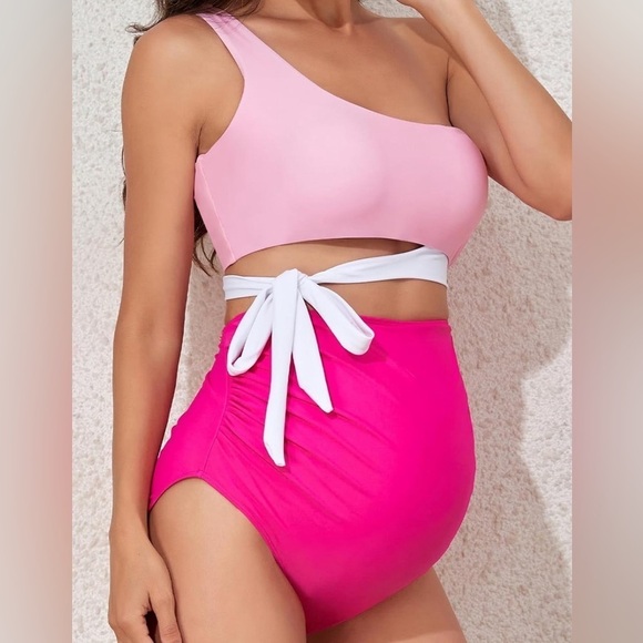 Other - Summer Mae Maternity One Shoulder Bathing Suit High Waisted Pregnancy Small Pink